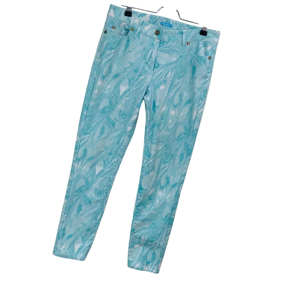 J.McLaughlin Aqua Marble Abstract Jeans Preppy Coastal Womens 6 Artsy 30x28